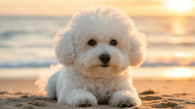 white bichon frise on beach in golden light close up video