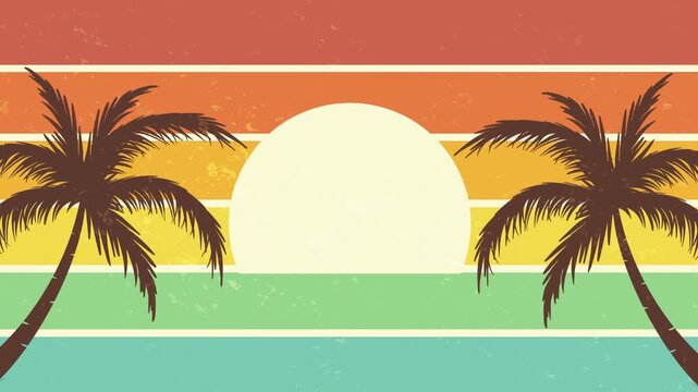 Retro tropical beach with shilhouette palm trees animation background illustration