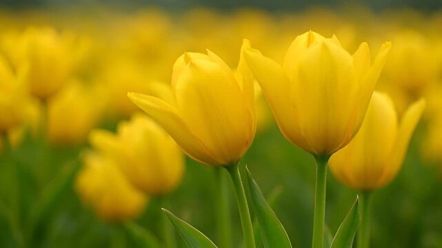 Vibrant Yellow Tulips Bloom in a Beautiful Spring Flowers Field.