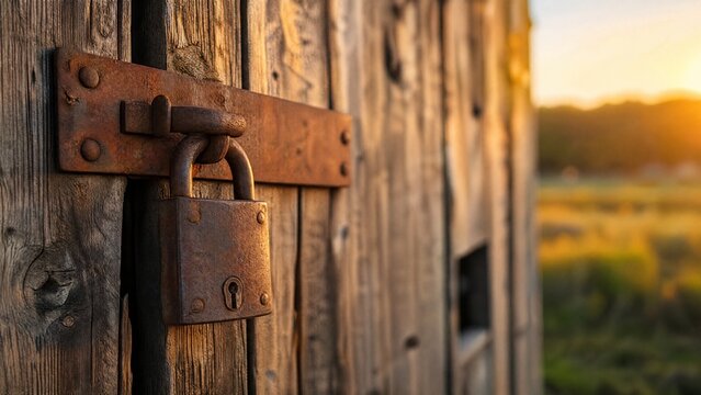 hasp. A weathered rusty hasp and padlock on a rustic barn door. real-estate listings, architecture portfolios, designed for interior renovation comparisons for interiors.