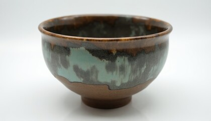 Obraz premium Handmade ceramic bowl with blue green glaze and brown earthy tones. Rustic pottery vessel on white background. Traditional craft item for tea ceremony or decoration.