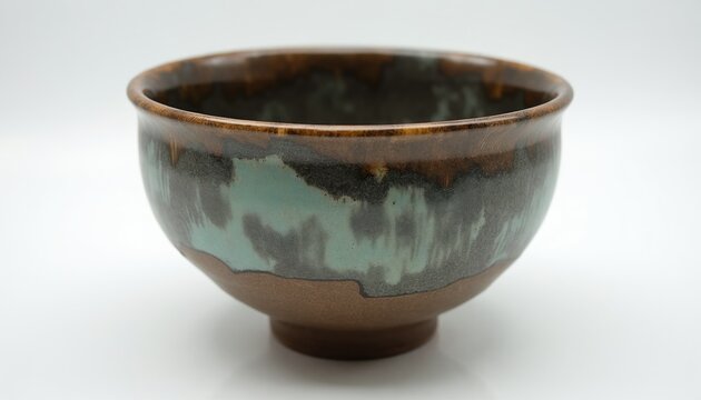 Handmade ceramic bowl with blue green glaze and brown earthy tones. Rustic pottery vessel on white background. Traditional craft item for tea ceremony or decoration.
