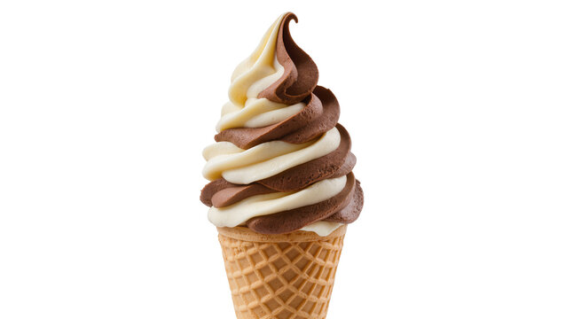 Swirl soft serve ice cream cone with vanilla and chocolate flavors
