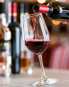 Wine Bottle Pouring Red Wine into Glass