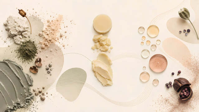 Organic skincare ingredients flatlay with clay powder texture solid beauty bars and liquid serum drops