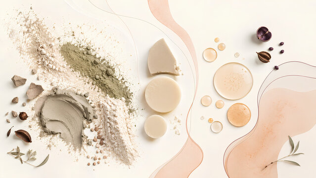 Organic skincare ingredients flatlay with clay powder texture solid beauty bars and liquid serum drops