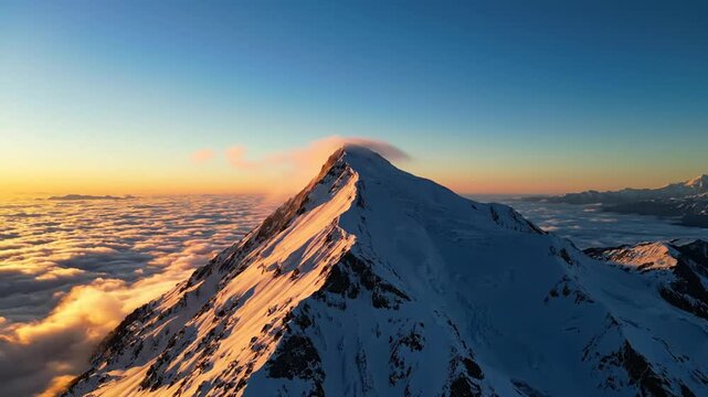 Snowy mountain peak above clouds sunrise.