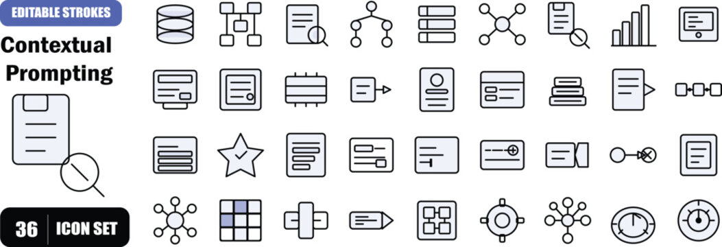 A premium 36-icon flat outline set covering AI system prompt engineering, repository metadata ingestion, context-aware code completions, and machine learning intelligence tools. Ideal for developer to