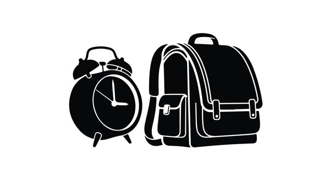 black and white illustration of alarm clock and backpack