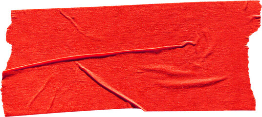 Red adhesive masking tape strip with creases isolated on dark background. Horizontal blank sticky painter paper scrap piece for collage.