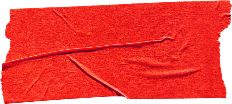 Red adhesive masking tape strip with creases isolated on dark background. Horizontal blank sticky painter paper scrap piece for collage.