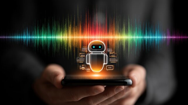 Hands hold a smartphone while a colorful sound wave and a robot appear on the screen during a technology demonstration event