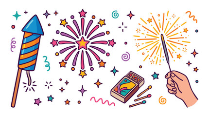 Obraz premium Colorful Fireworks and Celebration Elements Vector Illustration Set