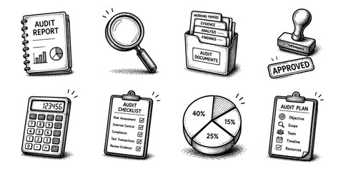 Plakat Auditing sketch icon collection in black. Set of audit report, magnifying glass, audit documents, approval stamp, calculator, audit checklist, pie chart and audit plan icons