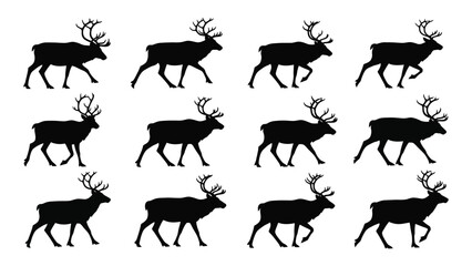 A collection of reindeer silhouettes in various poses against a white background a striking animal silhouette deer elk moose cervidae © Akhon
