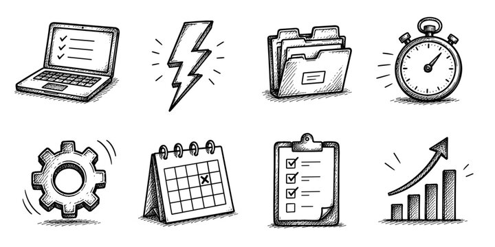 Productivity and organization sketch icon collection in black. Set of task management laptop, energy, file organization, stopwatch, workflow, schedule, checklist and business growth