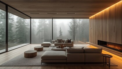 Naklejka premium Modern minimalist living room interior with floortoceiling windows overlooking a misty forest, featuring warm wood paneling and a linear fireplace