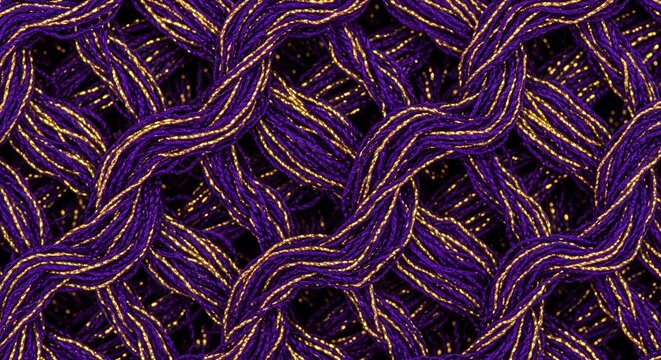 Close up of purple and gold woven textile fabric with intricate pattern