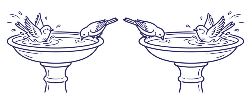 Stone pedestal bird bath line art illustration featuring two small birds drinking and splashing in water basin on white background for coloring page art.