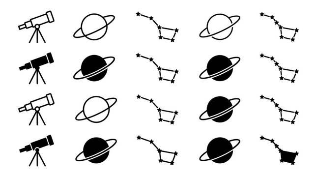 Collection of astronomy icons featuring telescopes planets with rings star constellations astronomy telescope