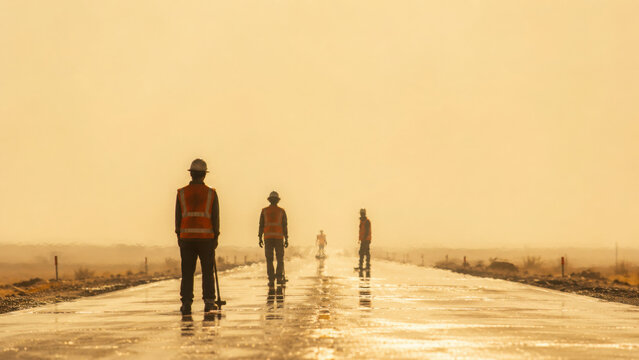 Workers in safety vests walk along sunlit road, facing heat and stress from environment, showcasing determination and resilience