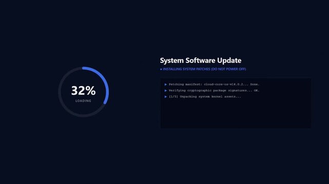 System Software Update Installing Patches Loading Circle Progress Animation Dark Blue Screen Technology Footage.