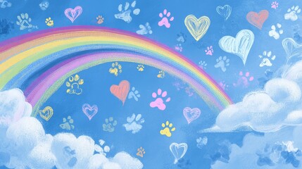 Obraz premium 92.Gentle illustrative composition honoring pet remembrance, rainbow bridge across sky, symbolic hearts and paw icons, serene blue background for awareness materials