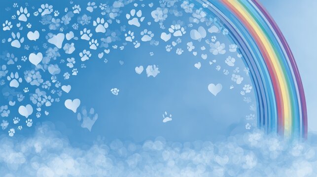 92.Gentle illustrative composition honoring pet remembrance, rainbow bridge across sky, symbolic hearts and paw icons, serene blue background for awareness materials