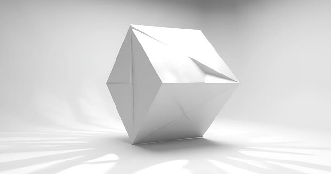 Abstract white geometric origami polygon rotating on a clean bright studio background, minimalist modern 3d design
