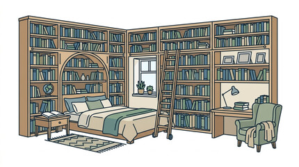 Cozy bedroom with extensive bookshelves and study area. © MndlL