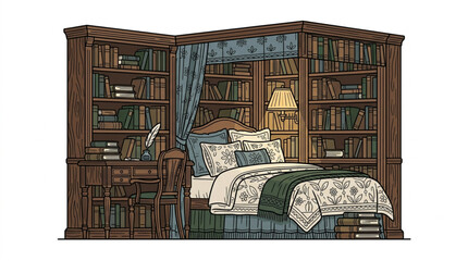 Cozy bedroom with large bookshelves and a comfortable bed. © MndlL