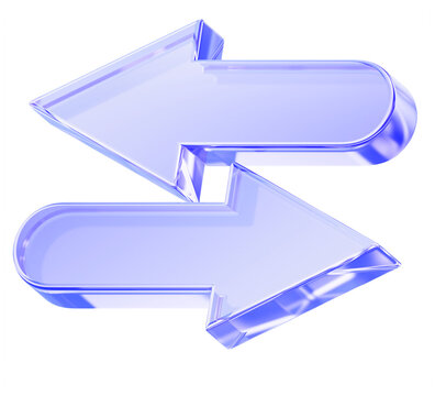3D blue glass opposite arrow icon, horizontal left right direction sign. Data transfer, currency exchange or inverse. Forward backward movement, swipe ui element, render double symbol