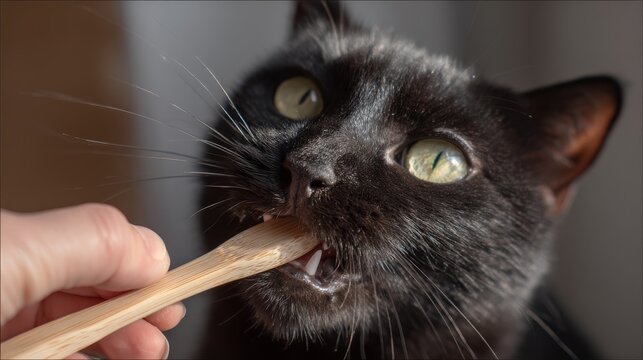 70.Close up photo of curious black cat playfully biting a bamboo toothbrush held by a human hand, soft natural lighting, inquisitive expression, candid pet moment