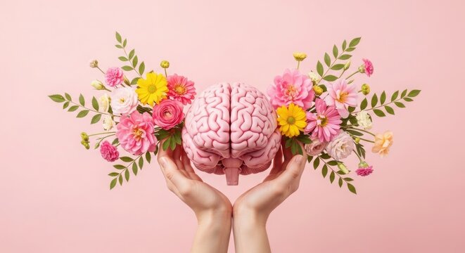 Hands holding brain with flowers for mental health day