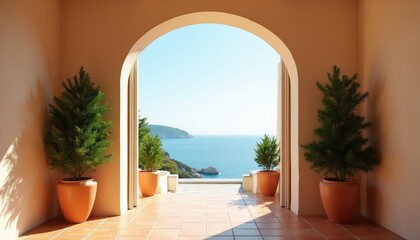 Obraz premium Arched entryway reveals tranquil blue sea view. Two evergreen trees in terracotta pots frame the passage. Sunny day on mediterranean coast creates peaceful mood.