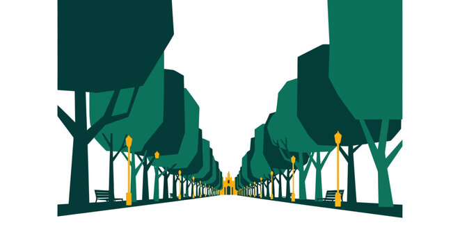 Symmetrical urban tree lined pathway digital illustration view.