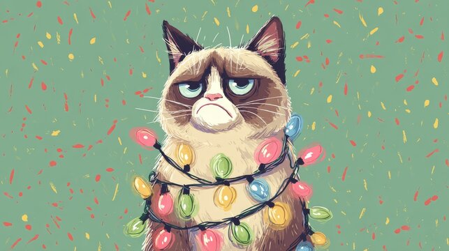 56.Holiday postcard artwork featuring a grumpy cat wrapped in christmas lights, cute cartoon style, expressive face, bright seasonal palette, lighthearted and funny christmas greeting concept