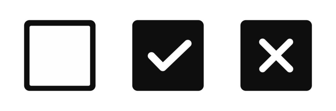Checkbox icon set with empty, checked and unchecked symbols in button style. Selection and validation icons for app and web interface, forms and user input controls