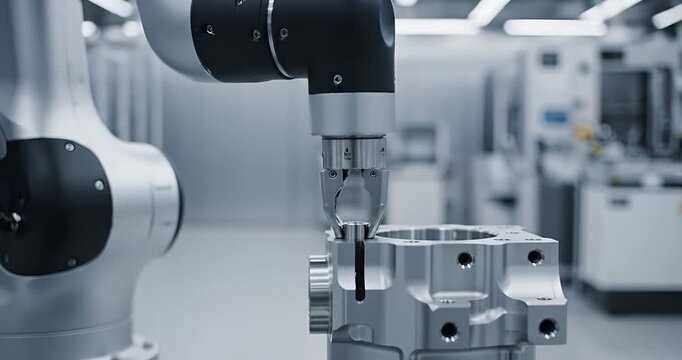 Precision CNC drilling machine operating in modern factory, industrial technology close up
