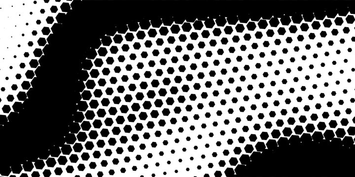 Black seamless hexagon texture. Repeated honeycomb pattern background. Geometric hexagonal halftone tech overlay backdrop. Abstract repeating hex halftone. Vector retro technology dot texure wallpaper