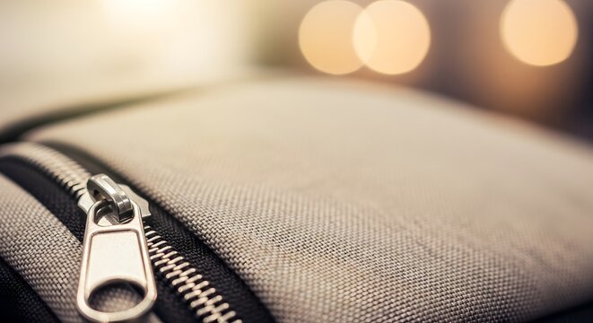 Close-up of a grey fabric zipper detail on a bag with soft bokeh background