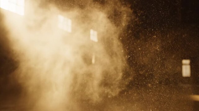 Smoke fills a dark room with windows.