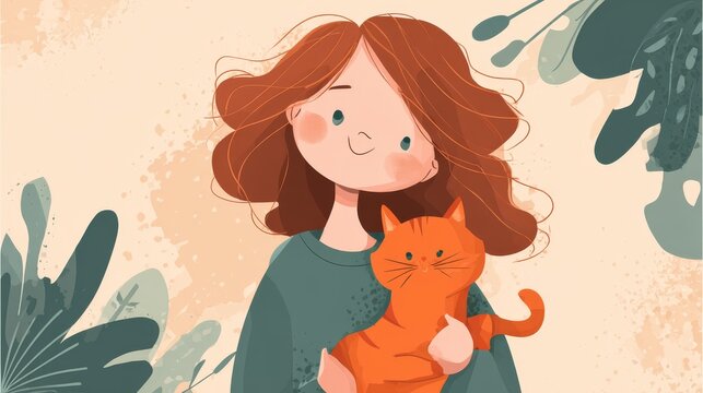 64.Cute vector card illustration of a smiling girl with an orange cat, friendly and warm expressions, soft pastel colors, flat design style, world cat day celebration poster