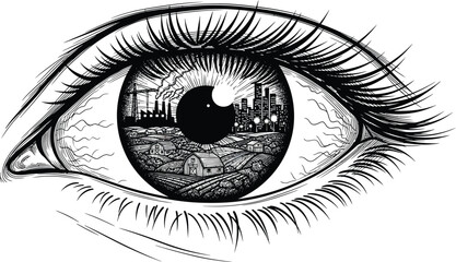 Obraz premium Detailed Hand Drawn Human Eye Illustration Featuring Industrial Cityscape and Rural Landscape Reflection in Iris