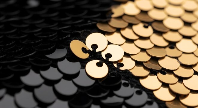 Close-up of black and gold sequins texture on fashion fabric material