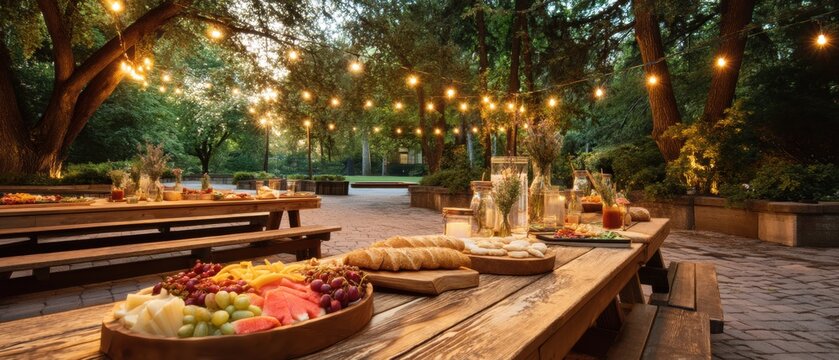 Wooden table festive dinner setup in outdoor garden at dusk. Banquet area with rustic food platter and bread loaves. Warm string light illumination for evening party and celebration.