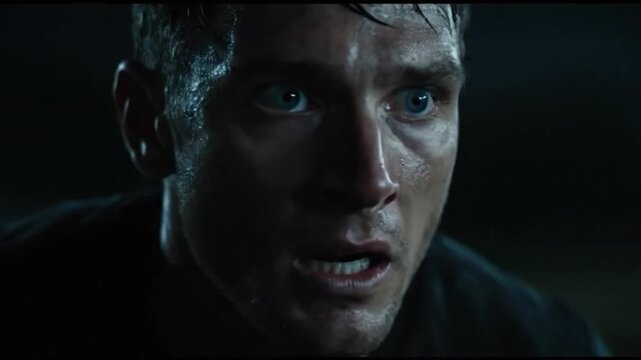 Close up of a mans face in distress with sweat and dirt.