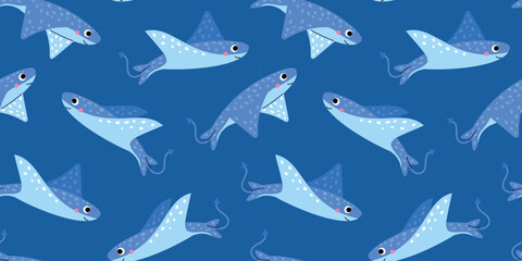 Obraz premium Cute stingray seamless pattern. Sea animals underwater wallpaper.