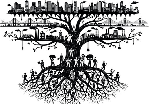 Industrial Tree of Life Illustration Connecting Workers, Factories, Cities and Infrastructure Symbolizing Economic Growth, Labor, Industry and Sustainable Development