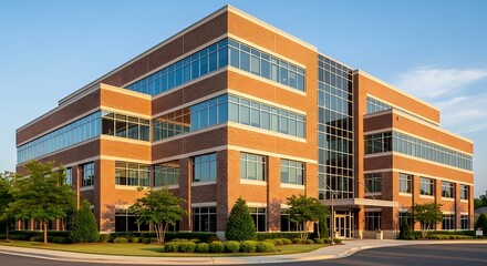 Obraz premium Large office building with glass windows and brick facade on sunny day with blue sky